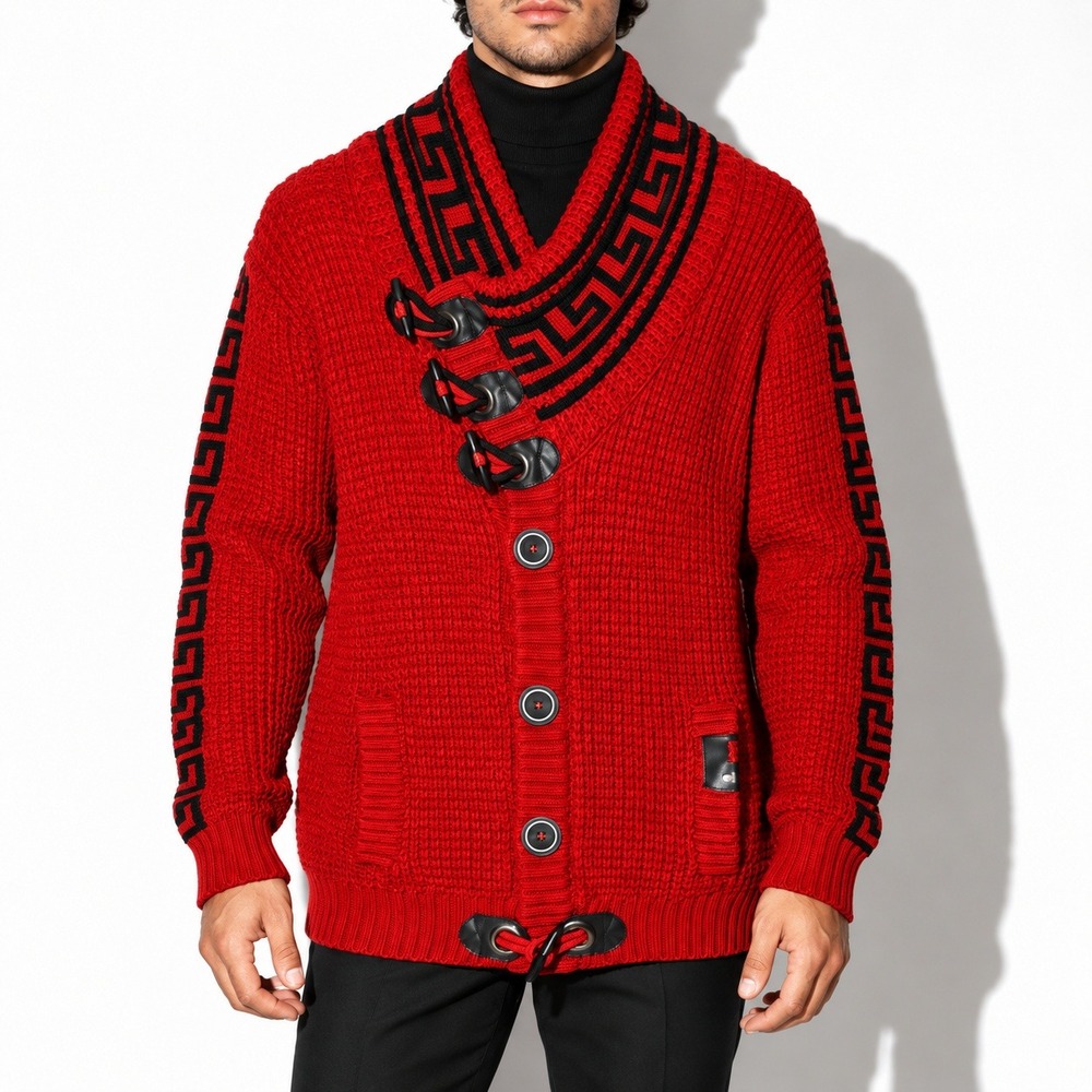 Red Greek Key Shawl Collar Coatigan Mens 2XL Heavy Knit Toggle Button Sweater